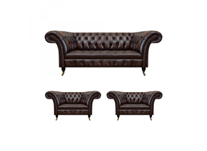 Luxe Bruin Leren Bankstel Woonkamer 2x Fauteuil Driepersoons Bank Chesterfield