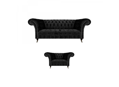 Zwarte volledig Chesterfield gestoffeerde luxe woonkamerinrichting.