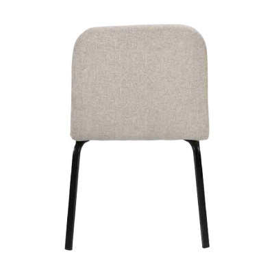 Set van 4 metalen eetkamerstoelen met stoffen bekleding en armleuningen.