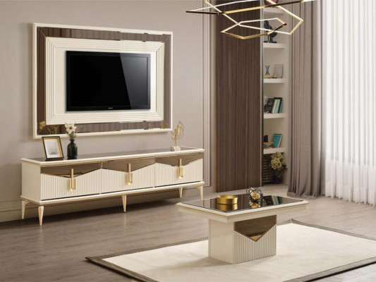 Woonkamer TV-standaard muurpaneel salontafel RTV Lowboard goud 3-delig beige
