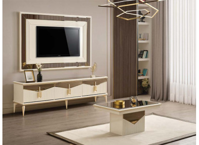 Woonkamer TV-standaard muurpaneel salontafel RTV Lowboard goud 3-delig beige