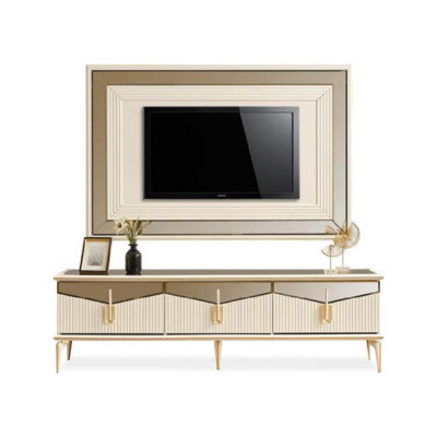 Woonkamer TV-standaard muurpaneel salontafel RTV Lowboard goud 3-delig beige