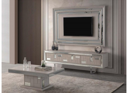 Luxe woonkamer tv-standaard wandpaneel salontafel RTV lowboard 3-delig wit