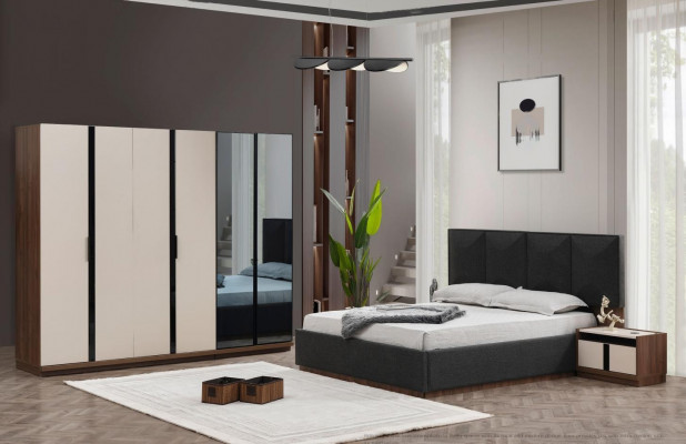 Garnituur Slaapkamer Tweepersoonsbed Bed Nachtkastjes Kast Grijs 4-delig