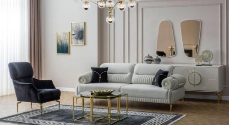 Groep banken driezitsbank fauteuil bank gestoffeerde bank stoffen bank blauw 2-delig