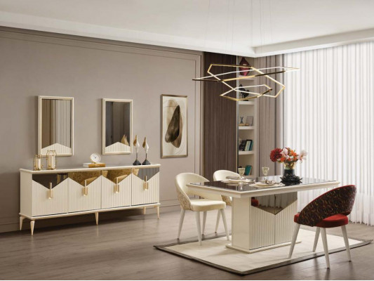 Eettafel Tafel Tafel Eethoek Beige Hout Goud Luxe