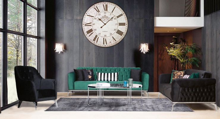 Modern woonkamerset 2 zachte Chesterfield banken + moderne zwarte fauteuil