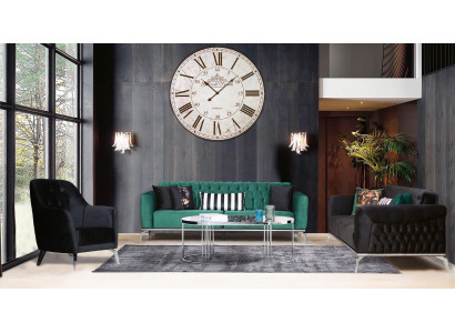 Modern woonkamerset 2 zachte Chesterfield banken + moderne zwarte fauteuil
