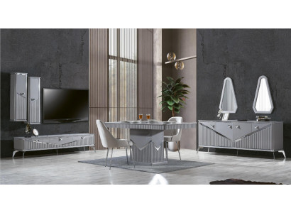Grijze moderne eetkamerset 4x stoel spiegel dressoir rek 9-delig