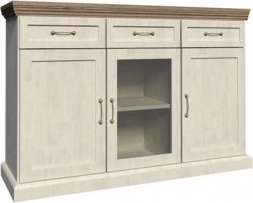 Ladenkast met lades, klapdeuren, dressoir met glazen kast en metalen handvatten.