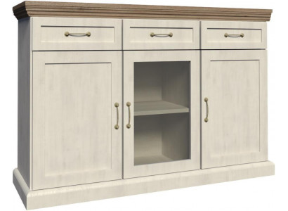 Ladenkast met lades, klapdeuren, dressoir met glazen kast en metalen handvatten.