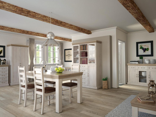 Ladenkast met lades, klapdeuren, dressoir met glazen kast en metalen handvatten.