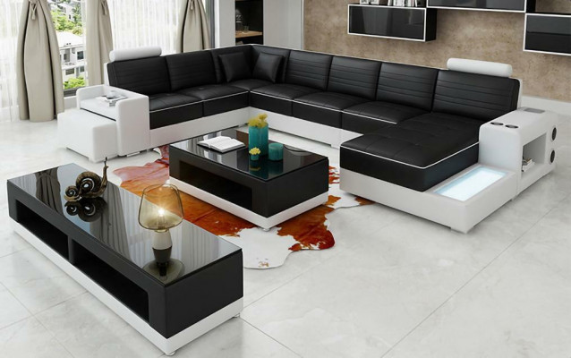 Hoekbank U-vormig Dressoir Salontafel Bank Ontwerp Zwart Bekleed Leer Modern