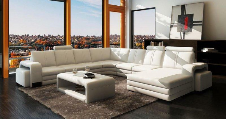 Hoekbank U-vorm + 2x poef + salontafel Bank Ontwerp Grijs Bekleding Leer