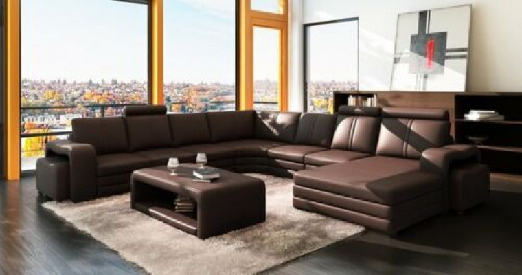 Hoekbank U-vorm + 2x poef + salontafel Bank Ontwerp Grijs Bekleding Leer