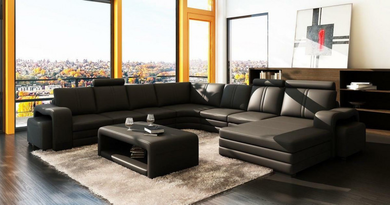 Hoekbank U-vorm + 2x poef + salontafel Bank Ontwerp Grijs Bekleding Leer