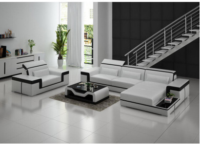 Woonlandschap hoekbank L-vorm fauteuil set garnituur moderne lederen bank