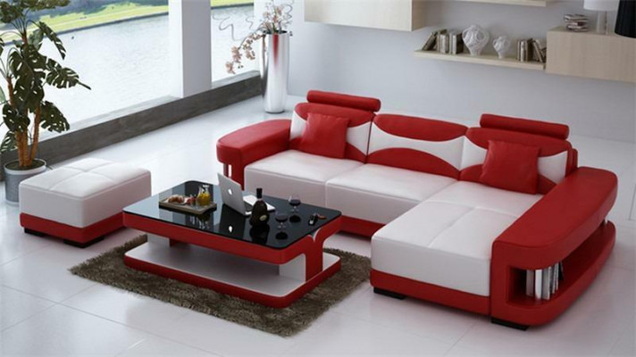 Leren hoekbank met hocker set bekleding L-vorm bank bankontwerp