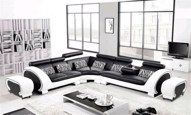 Hoekbank L-vorm 2x Voetenbankje Bank Bank Ontwerp Grijs Bekleding Leder Modern