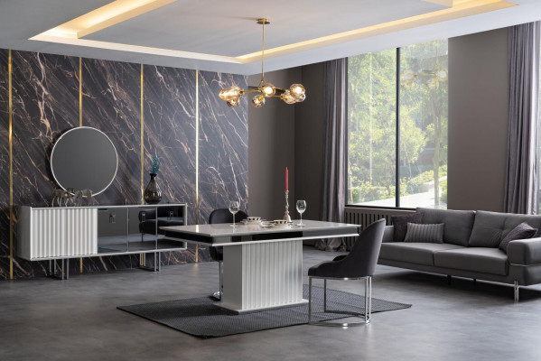 Luxe eettafel set met eettafel + 4x armstoel dressoir spiegel 7-delig.