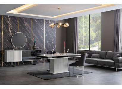 Luxe eettafel set met eettafel + 4x armstoel dressoir spiegel 7-delig.