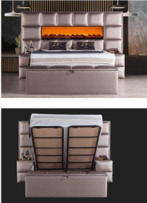 Elegante eigentijdse tweepersoonsbed met ruim gestoffeerd hoofdeinde.