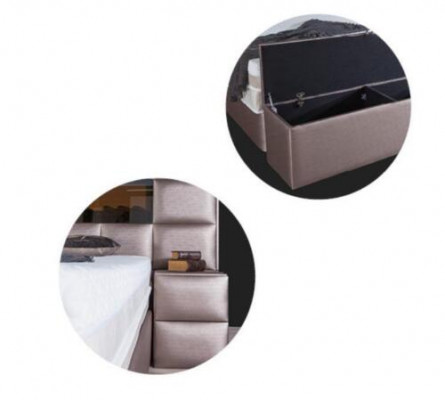 Elegante eigentijdse tweepersoonsbed met ruim gestoffeerd hoofdeinde.