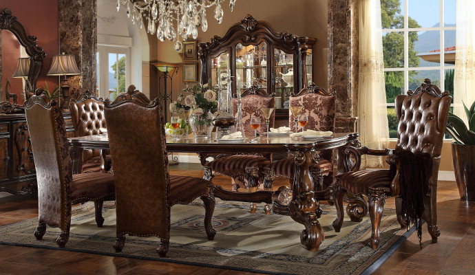 Bruine klassieke houten eettafel + Chesterfield x6 stoelen eetkamerset 7-delig set.