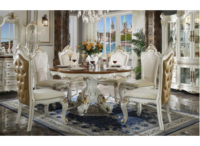 Klassieke Wit-Bruine Eetkamerset Ronde Houten Eettafel met Chesterfield Stoelen 5-delige Set