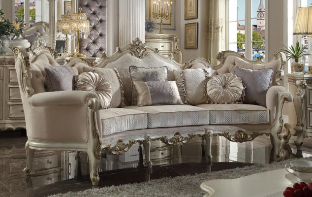 Exclusieve houten gesneden vierzits xxl bank Barok Rococo textielbank.