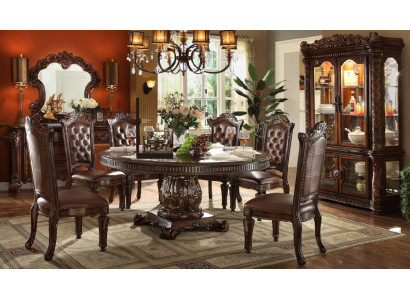 Complete eetkamerset Klassieke ronde houten eettafel 8x Chesterfield leren stoelen