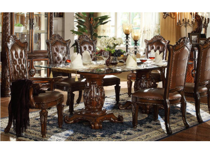 Bruine klassieke eettafel met leren Chesterfield stoelen 7-delige set.