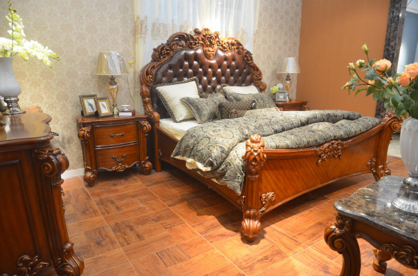Slaapkamerset Bed + 2x Nachtkastje Chesterfield Hout Leer Bedden Bekleding