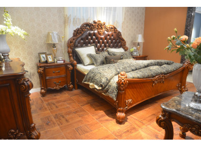 Slaapkamerset Bed + 2x Nachtkastje Chesterfield Hout Leer Bedden Bekleding