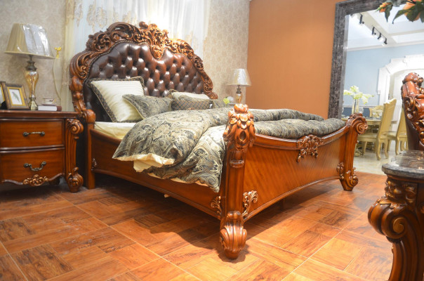 Slaapkamerset Bed + 2x Nachtkastje Chesterfield Hout Leer Bedden Bekleding
