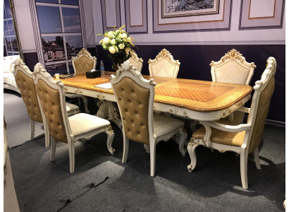 Wit-bruine eetkamerset Grote eettafel met leren stoelen