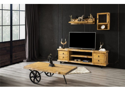 Echt houten woonwand luxe in bruin met salontafel op wielen rustiek kast