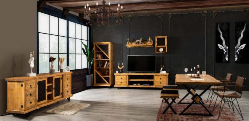 Echt houten woonwand luxe in bruin met salontafel op wielen rustiek kast