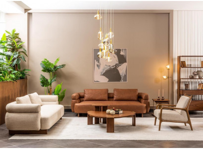 Complete bankstel driezits fauteuil stof bruin salontafels 5-delig