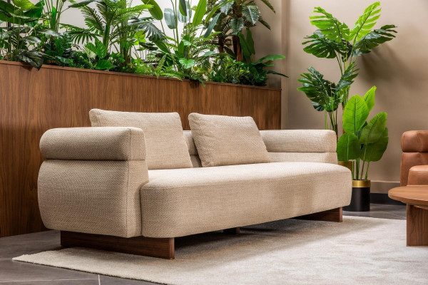 Driepersoonsbank 3-zits bank Gestoffeerde bank Beige stoffen bank Modern