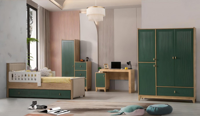 Kinderkamerset bestaat uit bed + 2x kledingkast + bureau 4-delig.