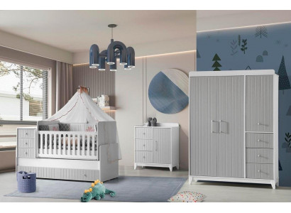 Compleet set voor de kinderkamer: commode, kledingkast, kinderbed in grijze kleur.