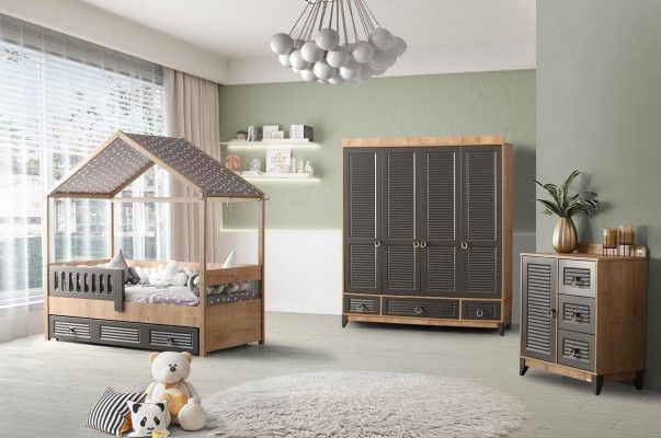 Grijze tienerkamerset kinderkamer commode kast en bed 3-delig.