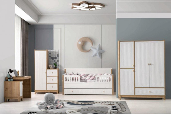 Stijlvolle kinderkamerset bed 2x kledingkast bureau wit 5-delig