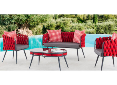 Rode tuinset luxe zitmeubelen tafel bankje terrasbank 4-delig.