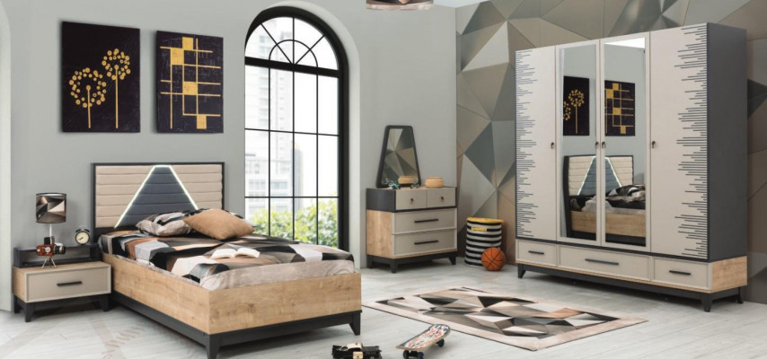 Garnituur kinderkamer bed kinderbed bruin hout sets jeugdbed 5-delig.