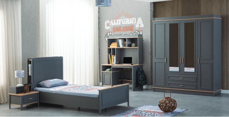 Garnituur kinderkamer bed kinderbed kindermeubelen grijs hout set 4-delig