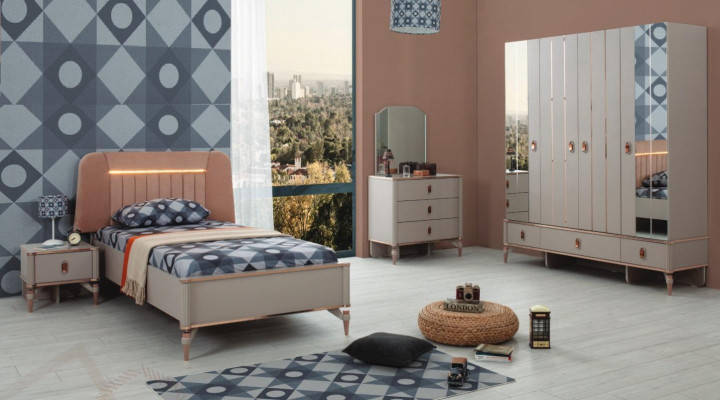 Compleet kinderbed kindermeubilair beige hout set 5-delig modern.