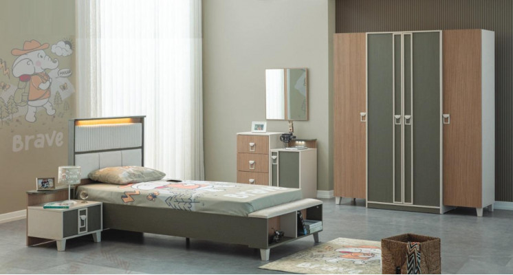 Moderne Complete kindermeubels kinderbed Grijs hout Set 5-delig Nachtkastje