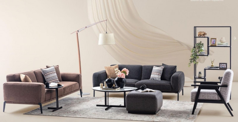 Bankstel met driezitter, fauteuil, bankstel van stof, 4-delig, stoffen bankstel in meerkleurig 3+3+1+1.